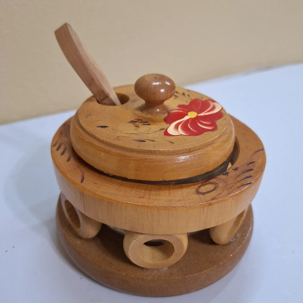 Handmade In Mexico Salsa Condiment Sugar Bowl With Lid/Spoon‎ Glass Bowl